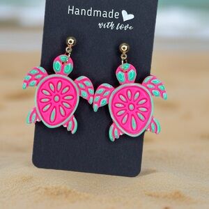 Handmade Turtle Earrings - Pink and Green